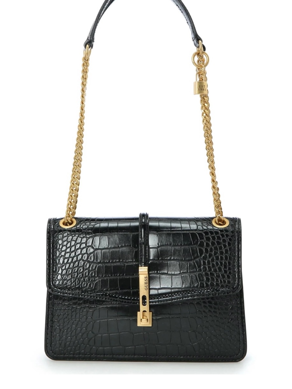 Guess Black Croc-Embossed Leather Shoulder Bag with Gold Chain